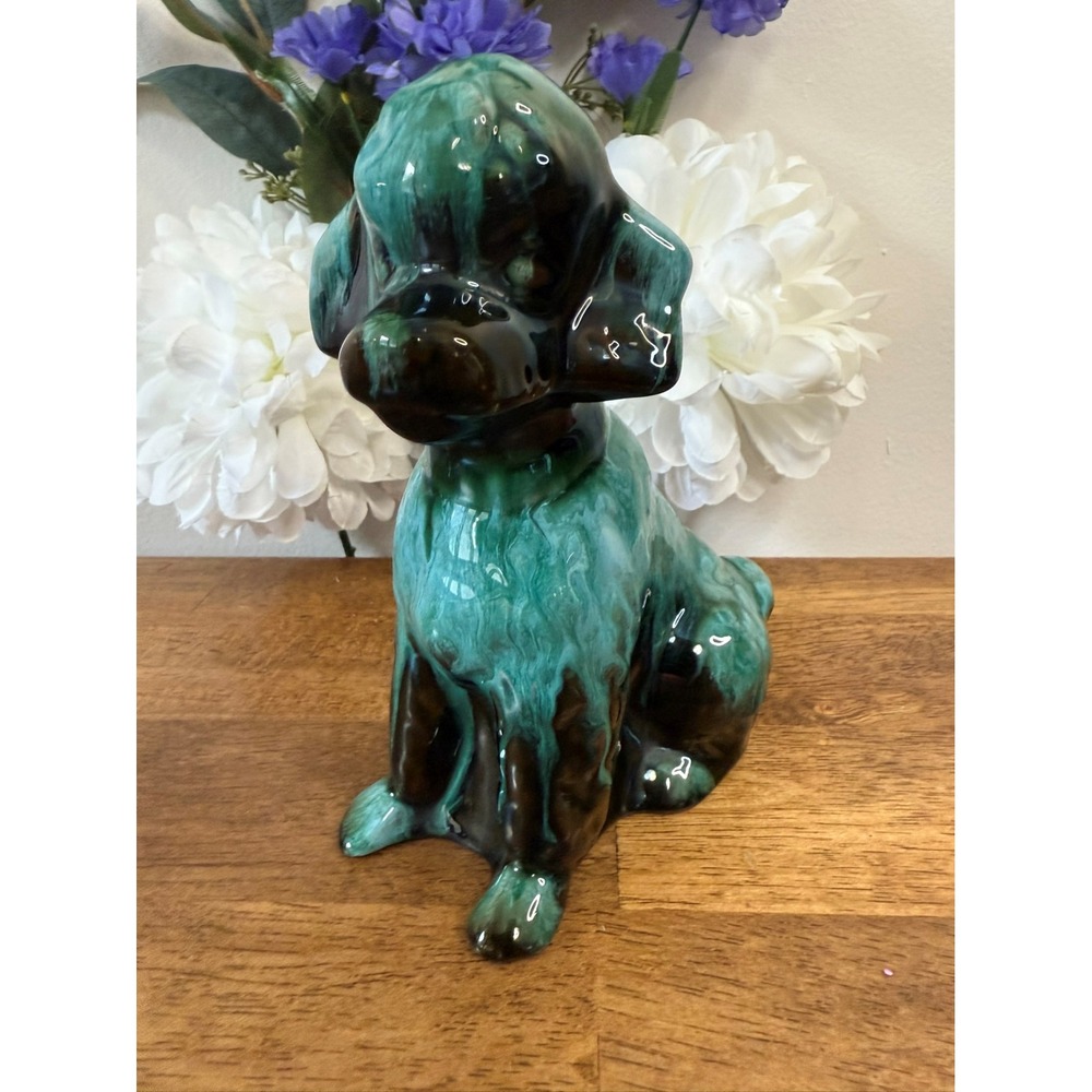 Blue Mountain Pottery Green Drip Glaze Poodle Figurine Canadian Dog Sculpture